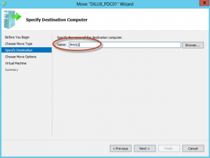 Asistente para "Move" de una VM en Hyper-V 3 de Windows Server 2012. Selección del Equipo destino.