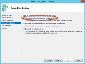 Asistente para "Move" de una VM en Hyper-V 3 de Windows Server 2012. Selección del tipo de movimiento a realizar.