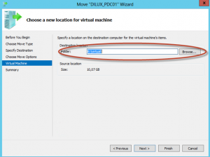 Asistente para "Move" de una VM en Hyper-V 3 de Windows Server 2012. Selección de la ubicación física en el equipo donde vamos a mover la máquina virtual.