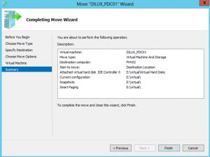 Asistente para "Move" de una VM en Hyper-V 3 de Windows Server 2012. Resumen de opciones seleccionadas.