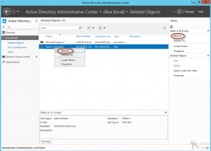 Restauración de usuario utilizando la Papelera de Active Directory en Windows Server 2012