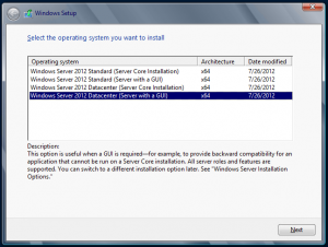 Instalación de Windows Server 2012 - Selección de Edición y tipo de instalación. Selección de tipo de instalación.