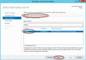 Instalación de Rol "Active Directory Domain Services" en Windows Server 2012. Selección del servidor (local).