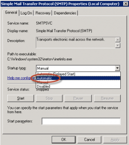 Ilustración 13 – Elección del modo de inicio en Automático para el servicio SMTP.