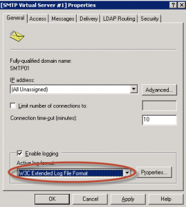 Ilustración 17 – Configuración de registro de logueo de eventos SMTP.