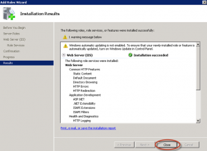 Finalización de la instalación del rol IIS 7.5 en Windows Server 2008 R2.