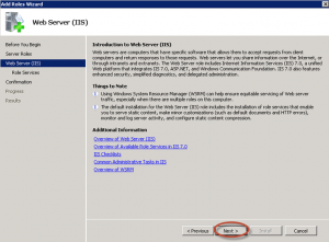 Asistente para agregar el rol IIS en Windows Server 2008 R2.