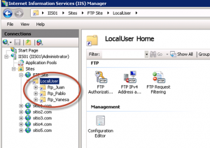 Creación de todos los directorios virtuales para aislamiento de usuarios FTP en IIS 7.5.