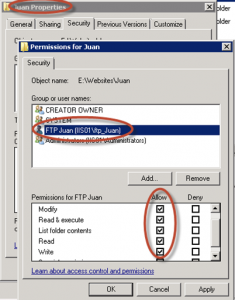 Asignación de permisos NTFS para la carpeta "Juan", hacia el usuario ftp_Juan.