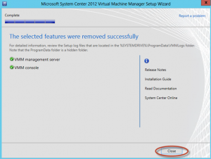 Ilustración 11 – Finalización de la desinstalación del System Center Virtual Machine Manager 2012 SP1 Beta.