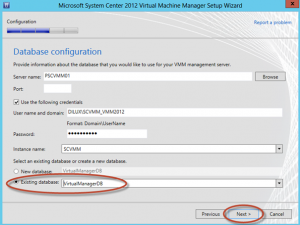 Ilustración 18 - Asistente de Instalación de System Center Virtual Machine Manager 2012 SP1: selección de base de datos existente en la instalación.