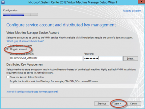 Ilustración 20 – Selección de cuenta de servicio para el System Center Virtual Machine Manager 2012 SP1.