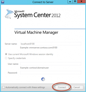 Ilustración 27 – Login inicial en System Center Virtual Machine Manager 2012 con SP1 integrado.