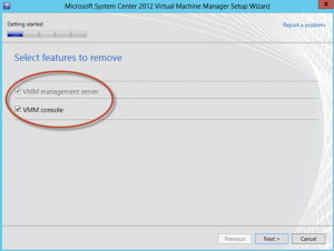 Ilustración 7 – Selección de features a remover durante la desinstalación del System Center Virtual Machine Manager 2012 SP1 Beta.