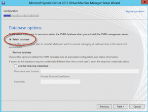 Ilustración 8 – Seleccionamos mantener los datos durante la desinstalación del System Center Virtual Machine Manager 2012 SP1 Beta.