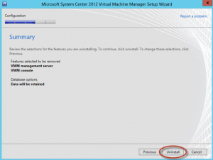Ilustración 9 – Summary de opciones seleccionadas durante la desinstalación del System Center Virtual Machine Manager 2012 SP1 Beta.