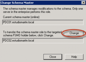 Ilustración 14 - Microsoft Management Console (MMC) para transferir rol Schema Master.