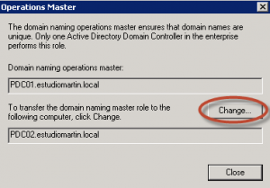 Ilustración 20 - Active Directory Domains and Trusts para transferir rol de Domain Naming.