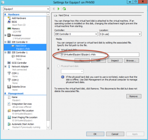 Ilustración 14 – Módulo de PowerShell para Hyper-V en Windows Server 2012. Agregado de Virtual Disk para Equipo Virtual mediante Add-VMHardDiskDrive. Corroboración de opciones.