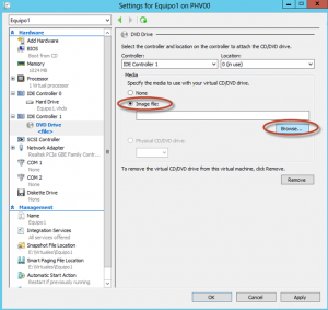 Ilustración 15 – Hyper-V Manager en Windows Server 2012. Modificación (edición) de un equipo virtual: modificación de DVD Drive.