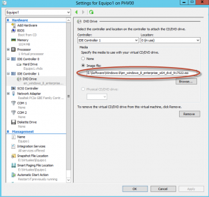 Ilustración 16 – Hyper-V Manager en Windows Server 2012. Modificación (edición) de un equipo virtual: modificación de DVD Drive.