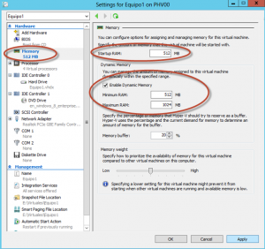 Ilustración 18 – Hyper-V Manager en Windows Server 2012. Modificación (edición) de un equipo virtual: modificación de memoria RAM y límites.