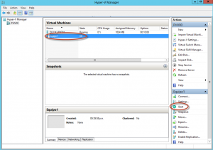 Ilustración 19 – Hyper-V Manager en Windows Server 2012. Encendido de un Equipo Virtual.