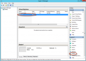 Ilustración 22 – Hyper-V Manager en Windows Server 2012. Eliminación de un Equipo Virtual.