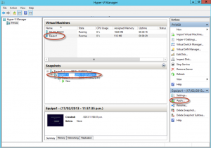 Ilustración 26 – Hyper-V Manager en Windows Server 2012. Snapshot de un Equipo Virtual: rollback y aplicación de una foto (snapshot) anterior.