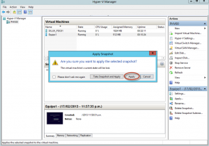 Ilustración 27 – Hyper-V Manager en Windows Server 2012. Snapshot de un Equipo Virtual: rollback y aplicación de una foto (snapshot) anterior.