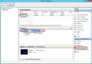 Ilustración 29 – Hyper-V Manager en Windows Server 2012. Snapshot de un Equipo Virtual: eliminación.