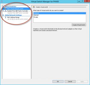 Ilustración 34 – Hyper-V Manager en Windows Server 2012. Opciones generales del Virtual Switch.