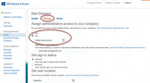 Ilustración 2 – Modificación de opciones de usuarios desde el Portal de Administración para dar permisos de Global Administrator.