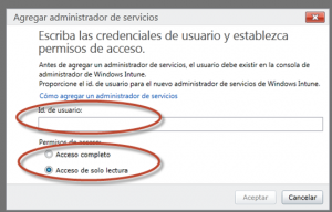 Ilustración 5 – Consola de Administración de Windows Intune: administración de administradores de servicio – Cómo agregar un nuevo administrador de servicio y configurar su nivel de acceso.