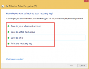Ilustración 6 - Habilitación de BitLocker en Windows 8.1 Professional. Opciones de resguardo de clave de recuperación.