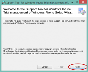 Ilustración 8 – Configuración de Dispositivos Windows Phone para administrarlos a través de Windows Intune. Instalación de "Support Tools".