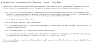 Ilustración 1 – Consideraciones oficiales de Microsoft sobre controladores de dominio virtualizados.