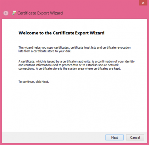 Ilustración 12 – Asistente de Exportación del Certificado Autofirmado generado con las herramientas de Visual Studio 2013.