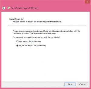 Ilustración 13 – Asistente de Exportación del Certificado Autofirmado generado con las herramientas de Visual Studio 2013.