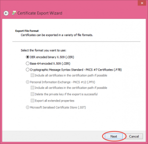 Ilustración 14 – Asistente de Exportación del Certificado Autofirmado generado con las herramientas de Visual Studio 2013.
