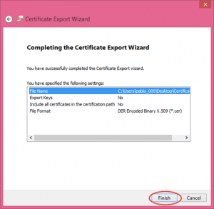 Ilustración 16 – Asistente de Exportación del Certificado Autofirmado generado con las herramientas de Visual Studio 2013.