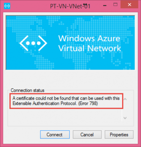 Ilustración 1 – Error 798 registrado al querer marcar la VPN Point-To-Site hacia Microsoft Azure desde un cliente Windows 8.1.