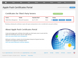 Ilustración 30 – Configuración de Dispositivos iOS para administrarlos a través de Windows Intune. Generación de Certificado Digital en el Portal de "Apple Push Certificate".