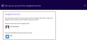 Ilustración 18 – Configuración de Acceso Asignado (Kiosk Mode) en Windows 8.1 | Configuración de aplicación para el usuario local.