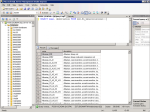 Ilustración 3 – Todas las Colletions soportadas por SQL Server (Instancia) utilizando el script SELECT name, description FROM sys.fn_helpcollations();