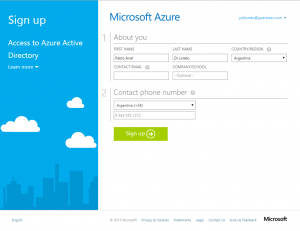 Ilustración 10 – Registro de una nueva suscripción "Access to Azure Active Directory" de Azure para administrar un Directorio de Office 365: solicitud de datos (sin tarjeta de crédito).