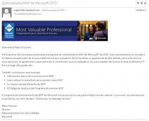 Pablo Ariel Di Loreto | Reconocimiento como MVP en "Windows IT Pro" 2015.