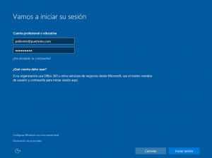 Ilustración 16 – Instalación de Windows 10 Build 10074. OOBE de Windows 10 para Enterprises. Inicio de Sesión con cuenta Office 365 ó Azure Active Directory.