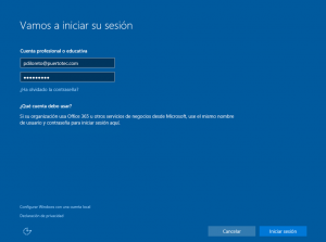 Ilustración 2 – Out-of-Box Experience (OOBE) de Windows 10. Inicio de Sesión en Azure Active Directory con Azure AD Join.