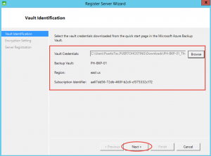 Ilustración 13 – Instalación de Agente de Azure Backup en Windows Server. Configuración de Credenciales de Azure Backup para el Vault.